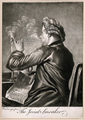 view A man lighting his pipe from a candle while holding a newspaper. Mezzotint after Vandermyn.