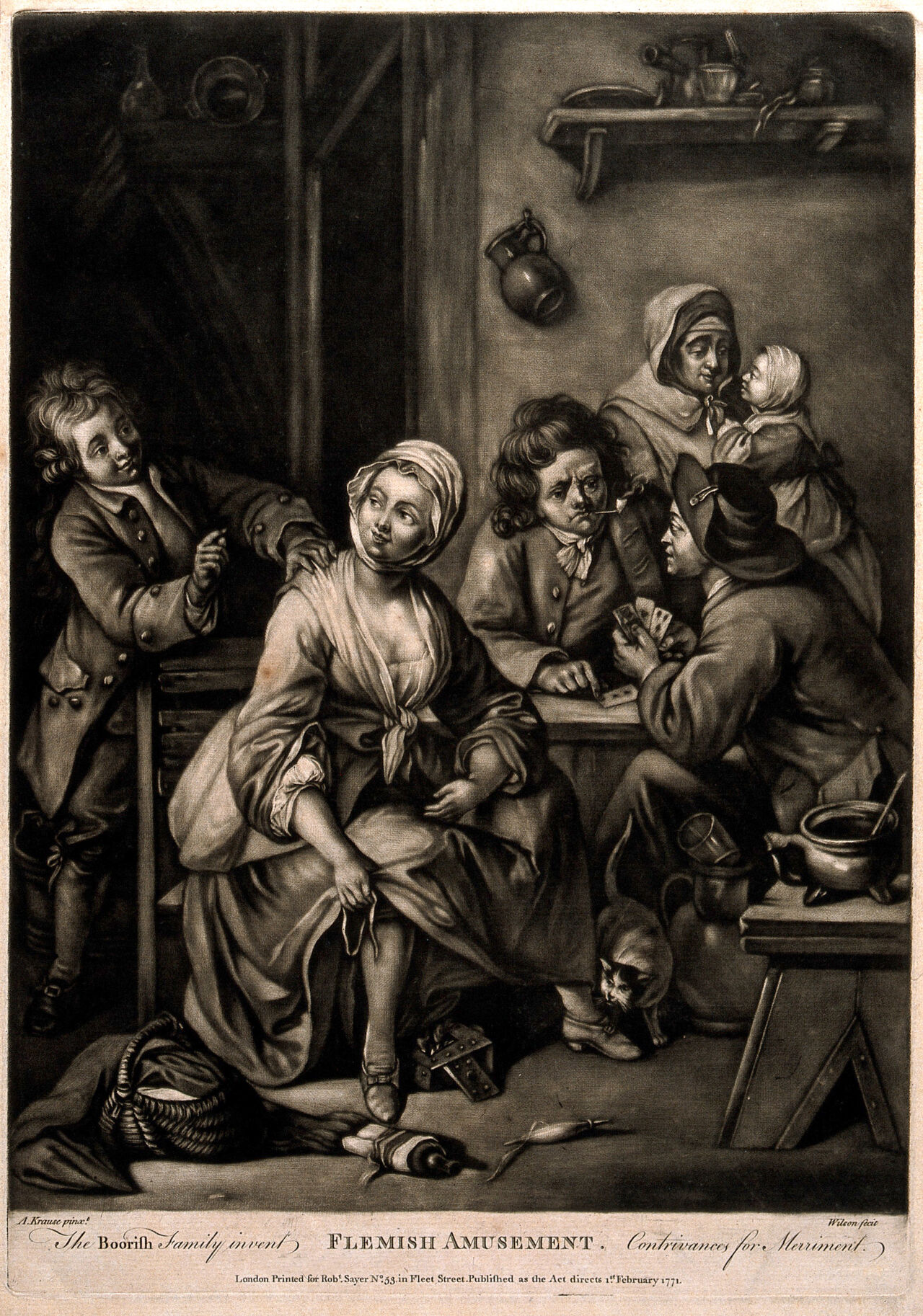 Six figures passing the time with various entertainments. Mezzotint by J. Wilson, 1771, after G.M. Kraus., 1st. February 1771, by Georg Melchior Kraus