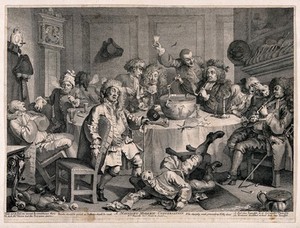 view A drunken party with men smoking, sleeping and falling to the floor. Engraving by W. Hogarth, 1731, after himself.