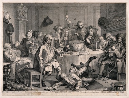 A drunken party with men smoking, sleeping and falling to the floor. Engraving by W. Hogarth, 1731, after himself.