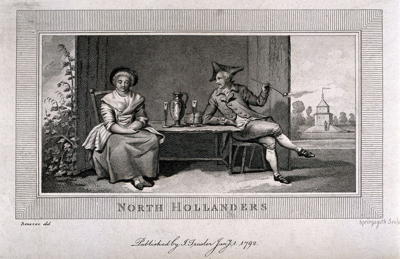 A Dutch man and woman sit at a table in a summer house; he smokes a pipe. Engraving by S. Springsguth, c. 1792, after P.P. Benazech., 1 January 1792, by Peter Paul Benazech