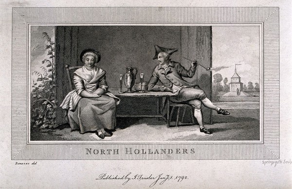 A Dutch man and woman sit at a table in a summer house; he smokes a pipe. Engraving by S. Springsguth, c. 1792, after P.P. Benazech.