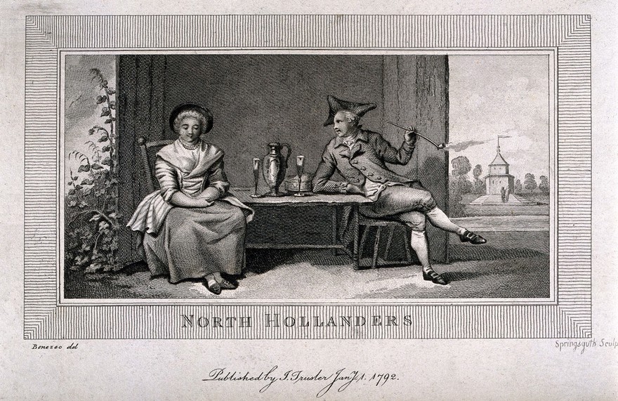 A Dutch man and woman sit at a table in a summer house; he smokes a pipe. Engraving by S. Springsguth, c. 1792, after P.P. Benazech.