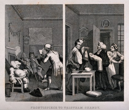 Two episodes in Tristram Shandy: (left) four figures smoking and relaxing in Shandy Hall; (right) the baptism of Tristram. Engraving after W. Hogarth.