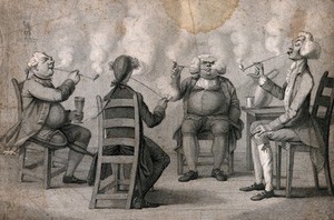 view Four Georgian gentlemen at their club seriously engaged in smoking. Stipple print by H. Bunbury, c. 1794.