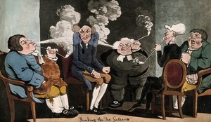 view Four men sit round a tax collector and blow smoke in his face. Coloured aquatint,by J.C. Ziegler, 1799, after R. Newton.