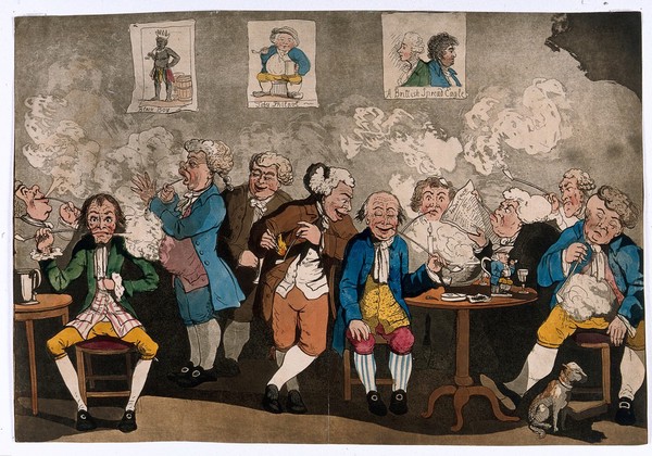 Georgian gentlemen smoking, drinking and reading newspapers at their club. Coloured aquatint by John Caspar Ziegler after George Moutard Woodward, published by William Holland, 1798.