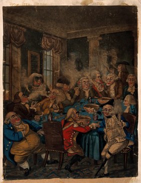 Gentlemen round a table at their club, smoking and drinking punch. Coloured mezzotint, late 18th century.