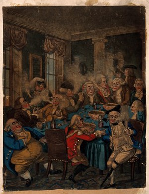 view Gentlemen round a table at their club, smoking and drinking punch. Coloured mezzotint, late 18th century.