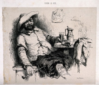 A man leans back from a table holding a pipe in one hand and a full glass in the other; a jug is on the table. Pen lithograph by E. Leroux.