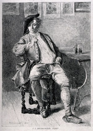 view A seated man smoking with a tankard on the table by his side. Procees print after P. Rajon, 1872, after J.L. Meissonier, 1858.