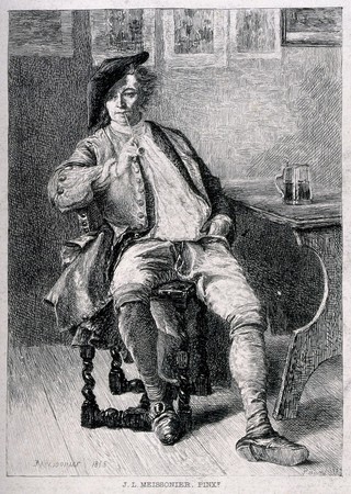 A seated man smoking with a tankard on the table by his side. Procees print after P. Rajon, 1872, after J.L. Meissonier, 1858.