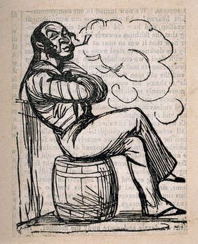 A sailor sitting on a barrel and smoking. Reproduction of a woodcut, early 19th century.