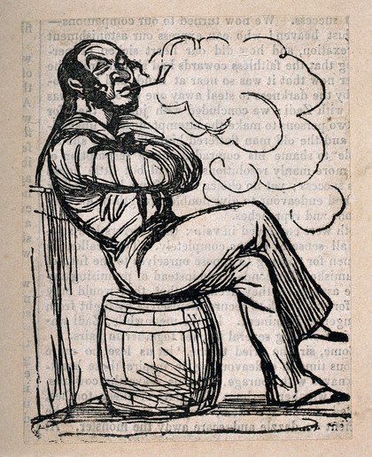 A sailor sitting on a barrel and smoking. Reproduction of a woodcut, early 19th century.