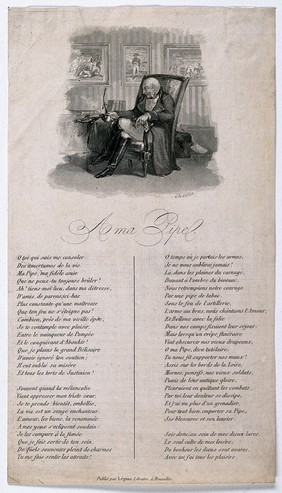 An old Napoleonic soldier sits dreaming in his armchair with pipe in hand, below a poem entitled "À ma pipe". Engraving after N.-T. Charlet.