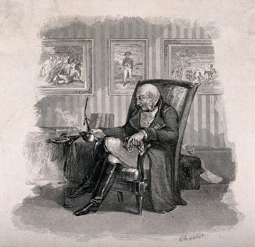 An old Napoleonic soldier sits dreaming in his armchair
