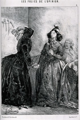 Two women talking about politics, one of them smoking a pipe. Lithograph by A. Lorentz.