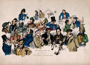 view Men of different classes and nationalities smoking in different ways. Coloured lithograph.