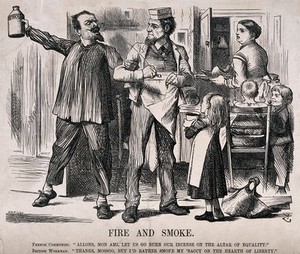 view A French supporter of the Paris Commune prefers to throw an incendiary bomb to advance equality, while a British workman prefers to smoke his pipe in the interests of liberty. Wood engraving by J. Swain, ca. 1871, after Sir J. Tenniel.