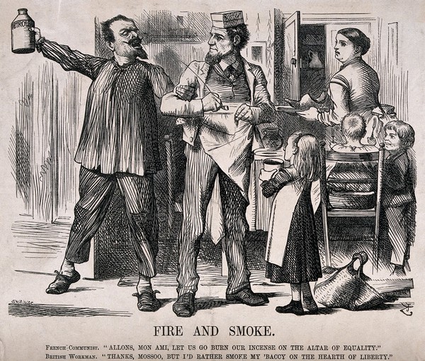 A French supporter of the Paris Commune prefers to throw an incendiary bomb to advance equality, while a British workman prefers to smoke his pipe in the interests of liberty. Wood engraving by J. Swain, ca. 1871, after Sir J. Tenniel.