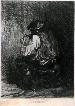 The back of a man sitting by a fire to light his pipe. Etching, 1849, after C. Jacque.