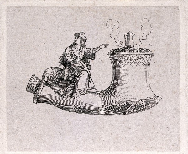 The ornamental bowl of a pipe on which is seated a miniature female figure drinking tea. Etching, early 19th century (?).