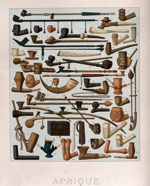 view Fifty four different African pipes. Chromolithograph by Schmidt, c. 1863.