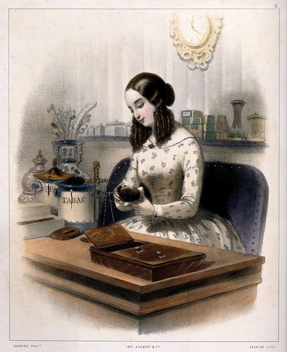 A young woman weighs out tobacco on a shop counter. Coloured lithograph by C. Regnier, 1843, after Guérard.