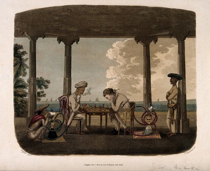 An Englishman and Asian man under an arbor playing chess and both smoking the hooka. Coloured aquatint by T. Rickards, c. 1804, after C. Gold.