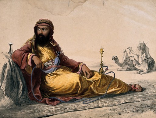George Lloyd in Arab dress reclining and smoking a hooka. Coloured lithograph by Lemoine, c. 1840.