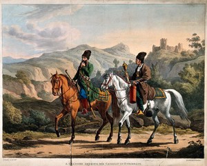 view A Russian nobleman riding with his servant and smoking a hooka. Coloured lithograph by D. Dighton, c. 1820, after A. Orlowski.