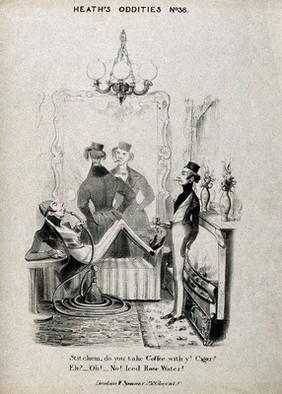 Three dandies smoking and drinking coffee. Lithograph after H. Heath, c. 1840.