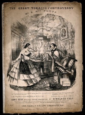 A married couple, Mr and Mrs Potts, arguing about Mr Potts's habit of tobacco smoking. Lithograph by T.H. Jones.