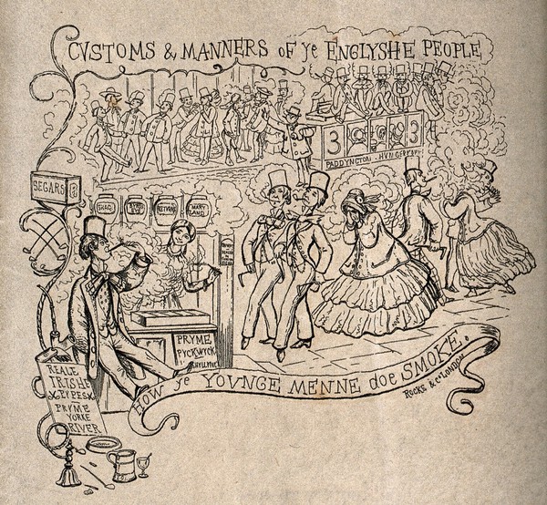 Englishmen smoking in a city street, thereby causing a nuisance to women. Etching.