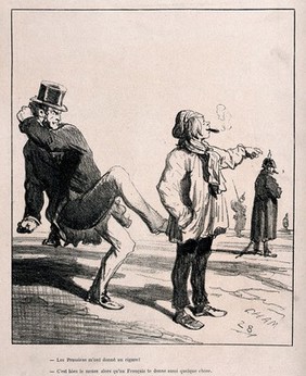 A boy smokes a cigar given him by a Prussian soldier; a furious Frenchman kicks his behind. Lithograph, c. 1870, after A-C-H. Cham.