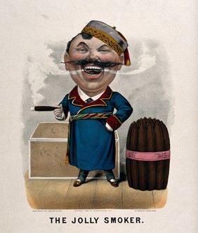 A man with an extra large head exhales smoke from an enormous cigar. Coloured lithograph, c. 1880, after T. Worth.