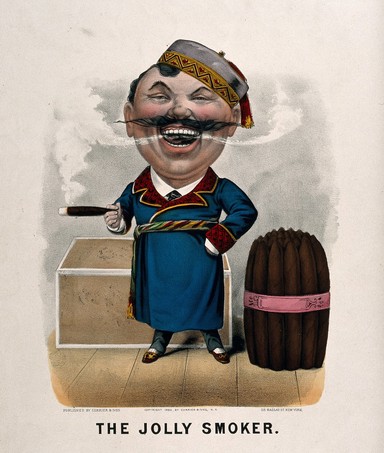A man with an extra large head exhales smoke from an enormous cigar. Coloured lithograph, c. 1880, after T. Worth.