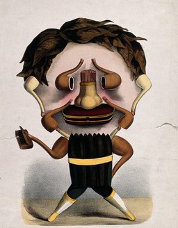 The figure of a man with extra large head made up from cigars, pipes, tobacco leaves, etc. Coloured lithograph by T. Worth?, c. 1880.