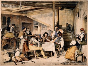 view Interior of a posada with men smoking and playing cards as others and a mule rest nearby. Coloured lithograph after J. F. Lewis, 1836.