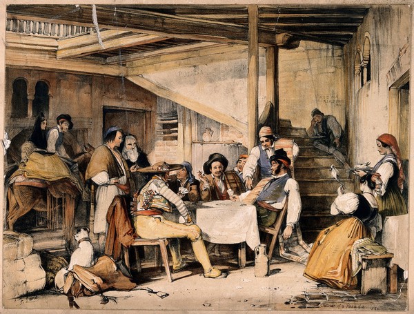 Interior of a posada with men smoking and playing cards as others and a mule rest nearby. Coloured lithograph after J. F. Lewis, 1836.