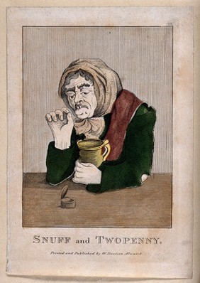 An old woman with a tankard in one hand taking a pinch of snuff. Coloured engraving, early 19th century.