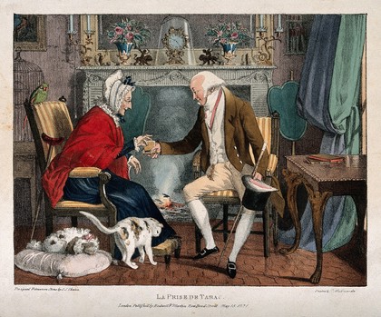 An old gentleman visitor offering snuff to an old woman at her fireside. Coloured lithograph by J. J. Chalon, c. 1821, after himself.