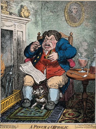 A fat man sits at his fireside taking snuff with a smoking pipe and drink by his side. Coloured etching by G. Cruikshank, c. 1822, after J. Gillray.
