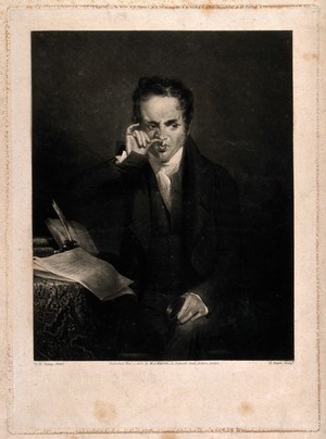 view A young gentleman taking snuff. Mezzotint by H. Dawe, c. 1824, after M. W. Sharp.