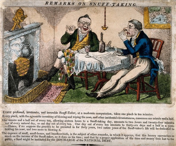 Two men at a fireside table taking snuff; remarks on snuff-taking below. Coloured etching, c. 1825.