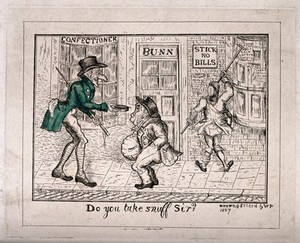 view A street scene with a tall man offering snuff to a short, fat man. Coloured etching by W.P., 1827.