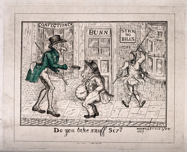 A street scene with a tall man offering snuff to a short, fat man. Coloured etching by W.P., 1827.