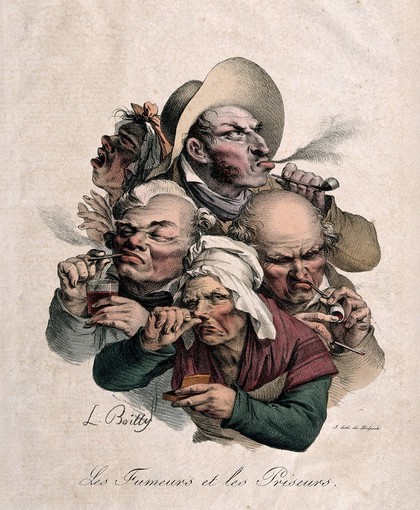 A group of five heads; three men smoking tobacco and two women taking snuff. Coloured lithograph by F-S. Delpech, c. 1823, after L. Boilly.