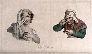 view A pretty girl and an old woman both taking snuff. Coloured stipple engraving after L. Boilly, ca. 1827.