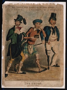 Tobacco: an Irishman, a Scot and an English sailor smoke, take snuff and chew respectively. Coloured aquatint by Hunt, c. 1833, after W. Summers after C. J. Grant.